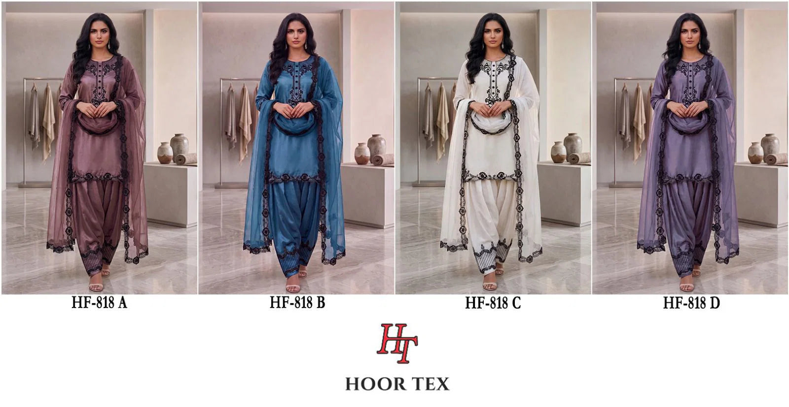 Hoor Tex 818 A To D Readymade Satin Embroidered Salwar Kameez