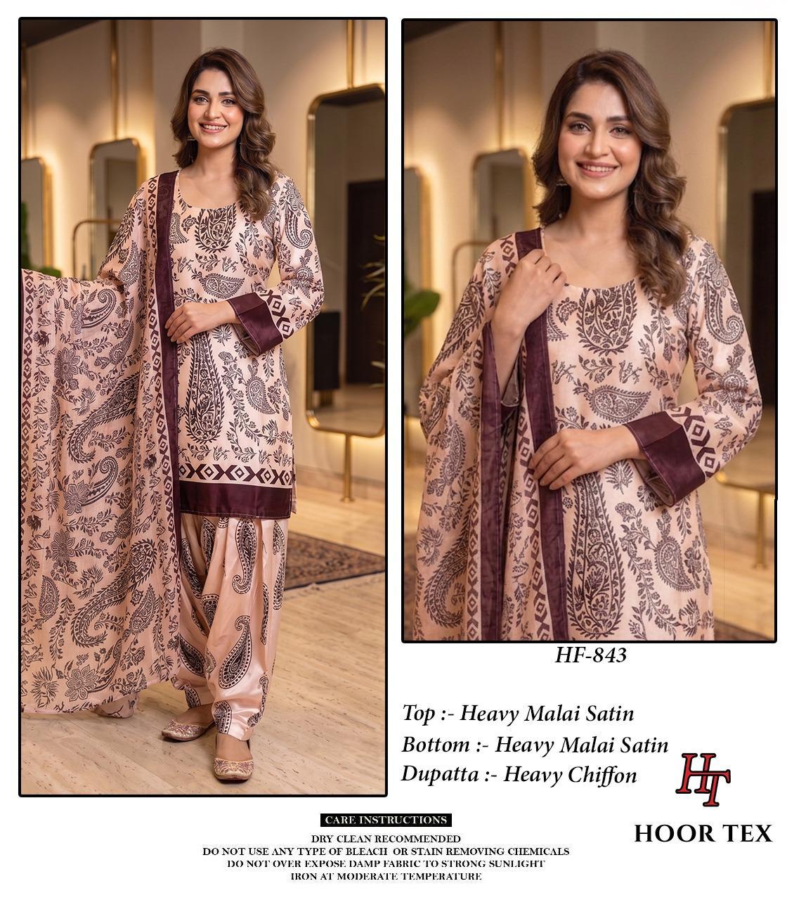 Hoor Tex 840 To 846 Malai Satin Printed Salwar Kameez