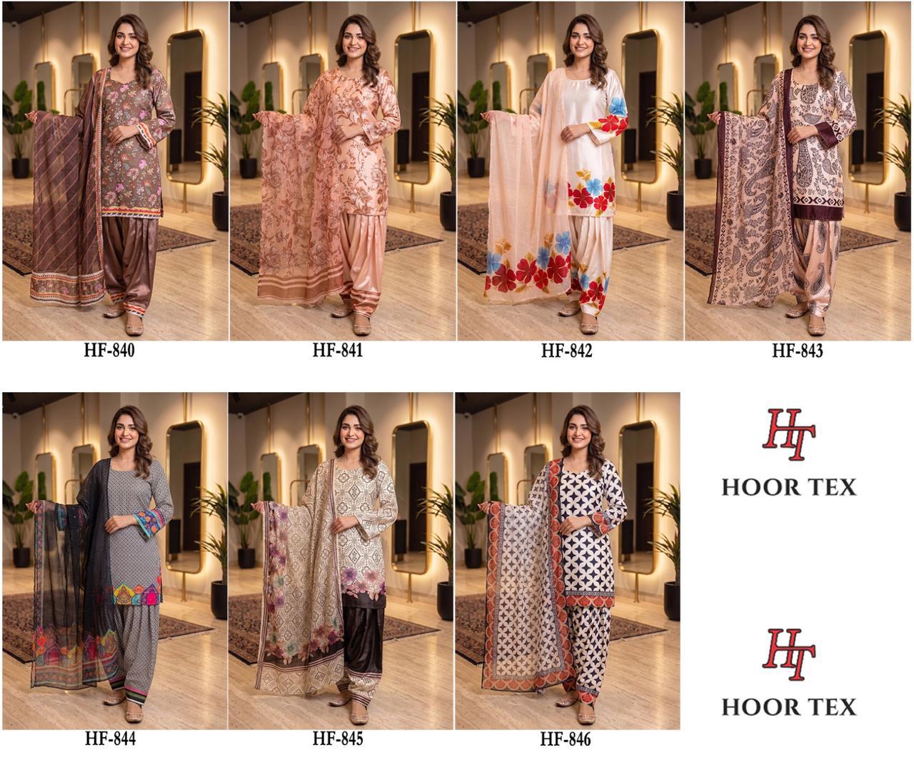 Hoor Tex 840 To 846 Malai Satin Printed Salwar Kameez