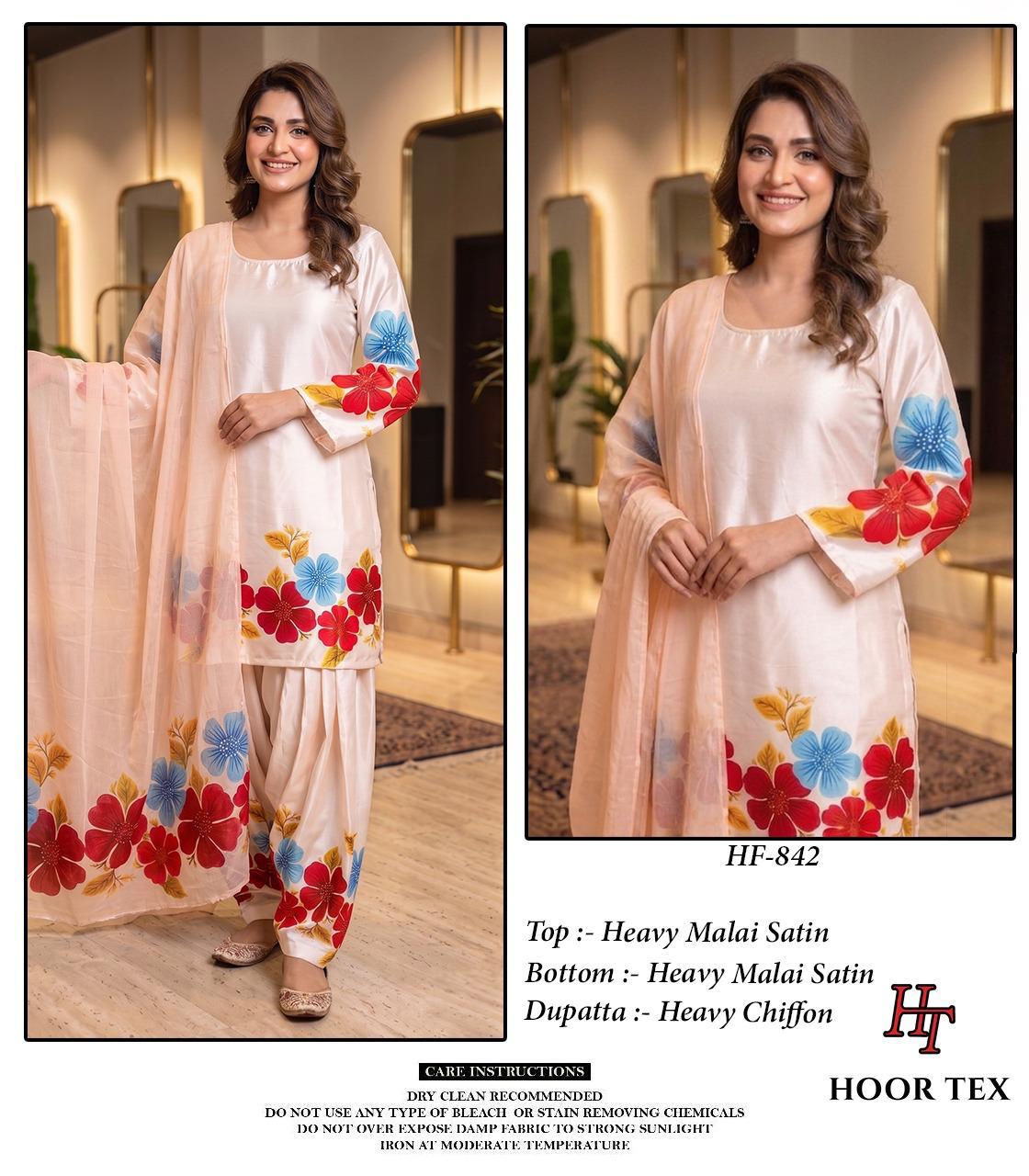Hoor Tex 840 To 846 Malai Satin Printed Salwar Kameez