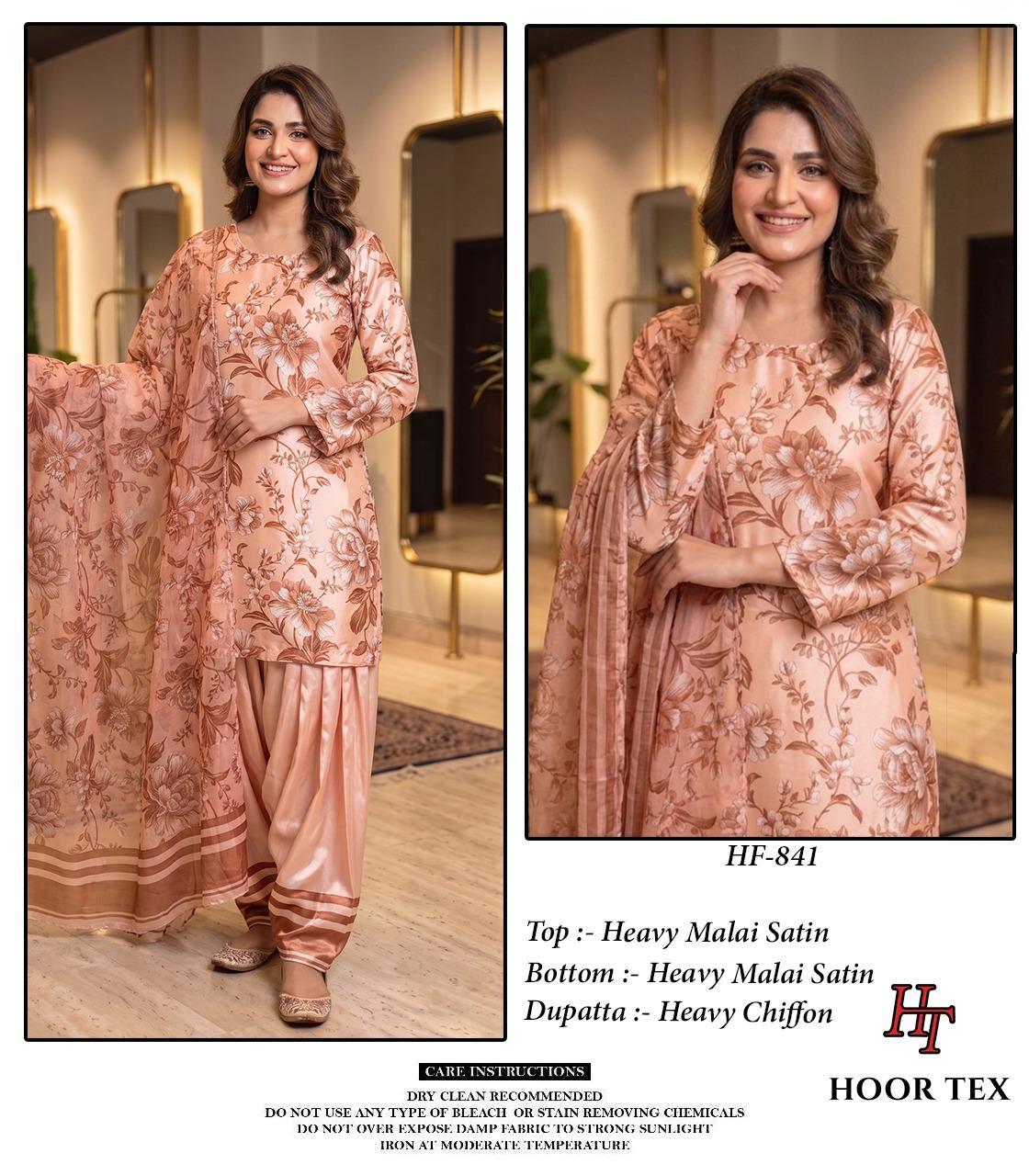 Hoor Tex 840 To 846 Malai Satin Printed Salwar Kameez