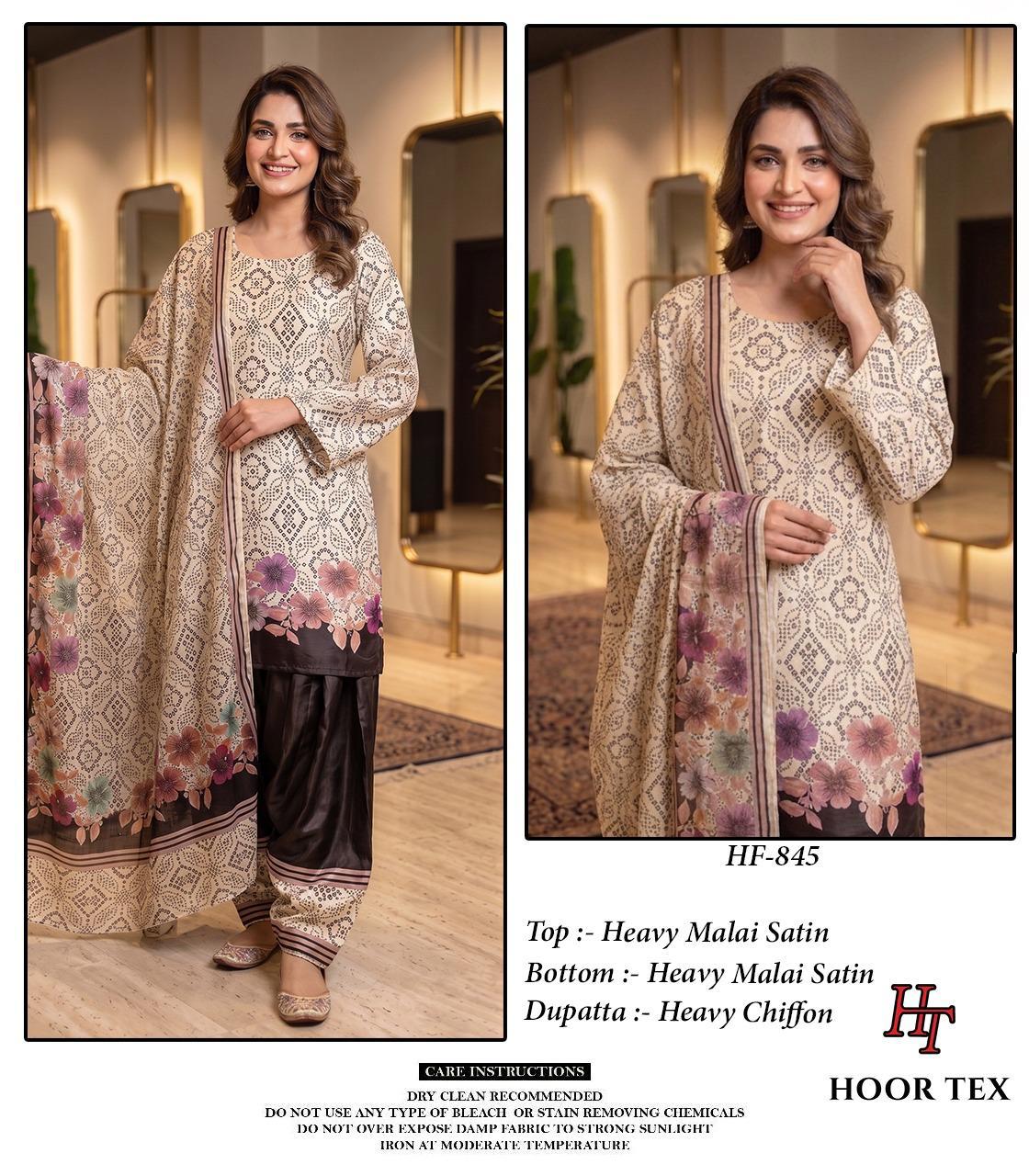 Hoor Tex 840 To 846 Malai Satin Printed Salwar Kameez