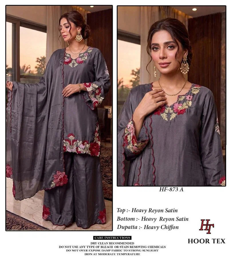Hoor Tex 873 A To D Rayon Satin Embroidered Salwar Kameez