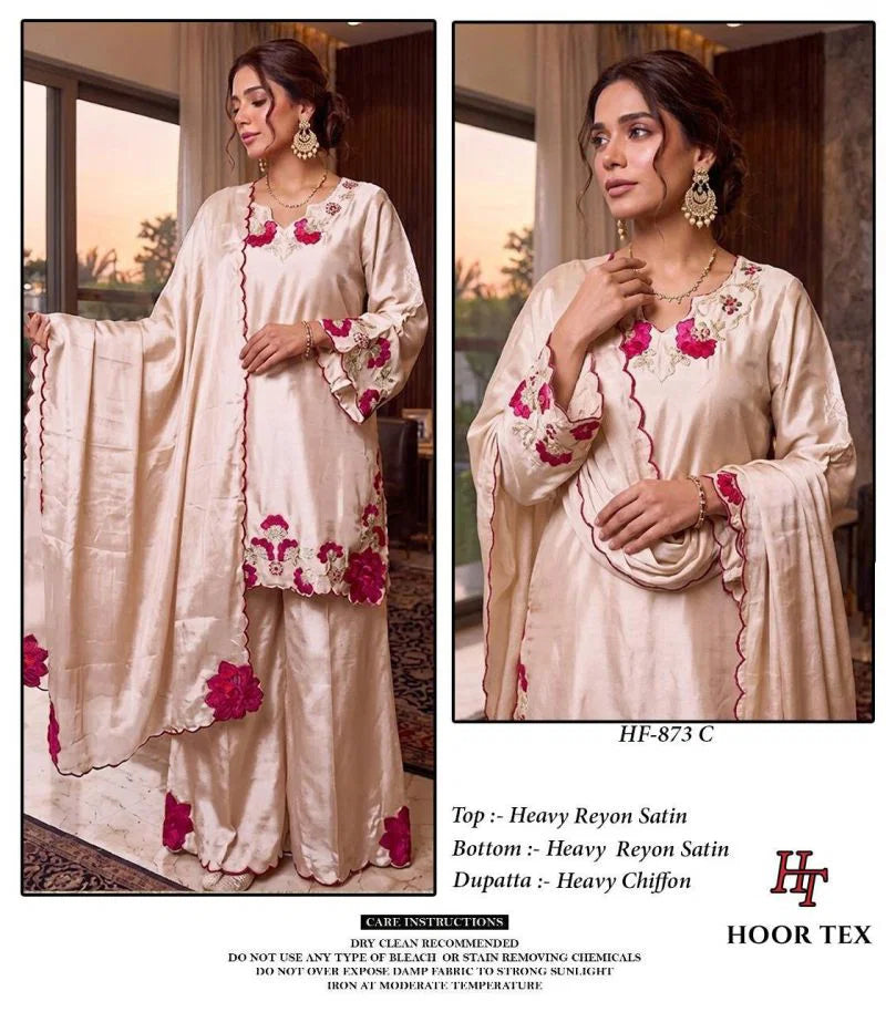Hoor Tex 873 A To D Rayon Satin Embroidered Salwar Kameez