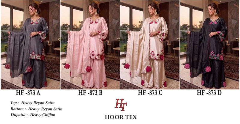 Hoor Tex 873 A To D Rayon Satin Embroidered Salwar Kameez