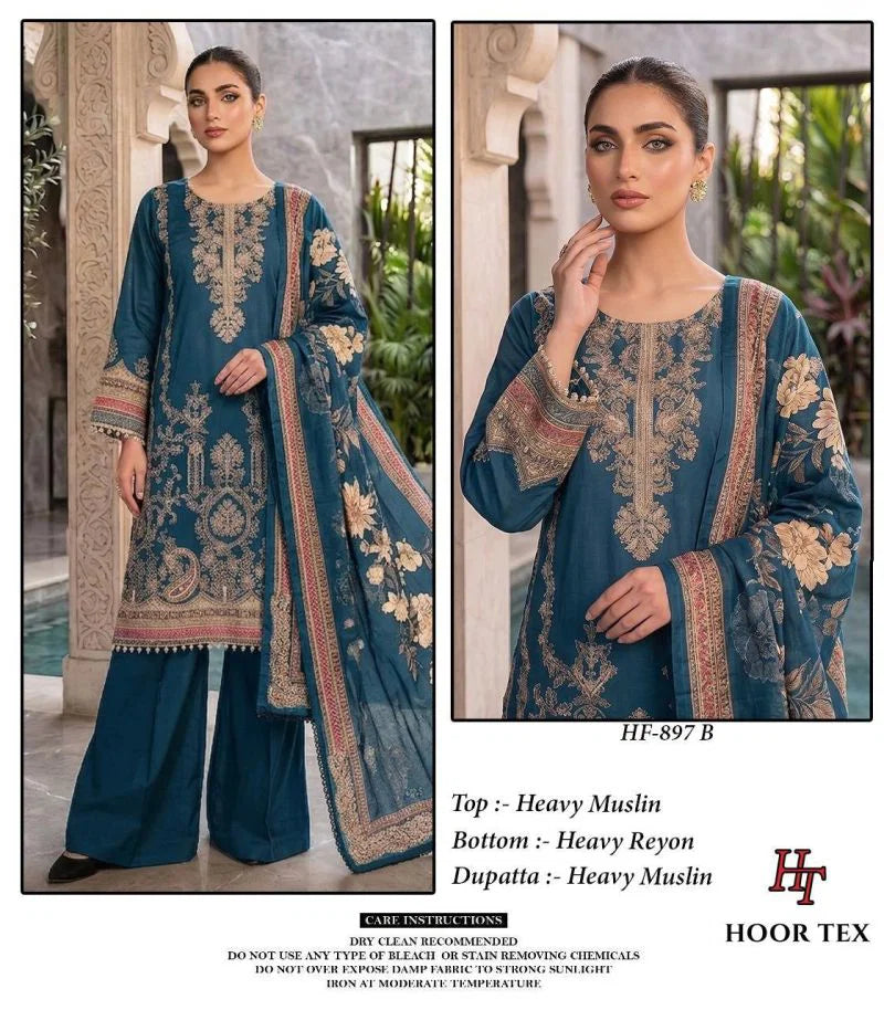 Hoor Tex 897 A To C Muslin Print Embroidered Salwar Kameez Collection