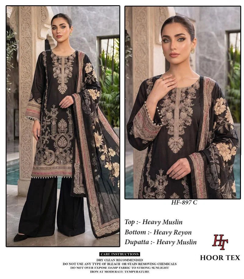 Hoor Tex 897 A To C Muslin Print Embroidered Salwar Kameez Collection
