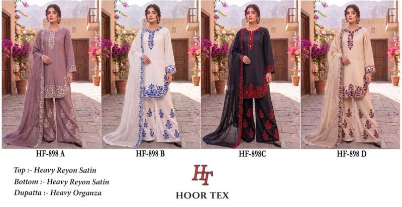 Hoor Tex 898 A To D Rayon Satin Embroidered Salwar Kameez Collection
