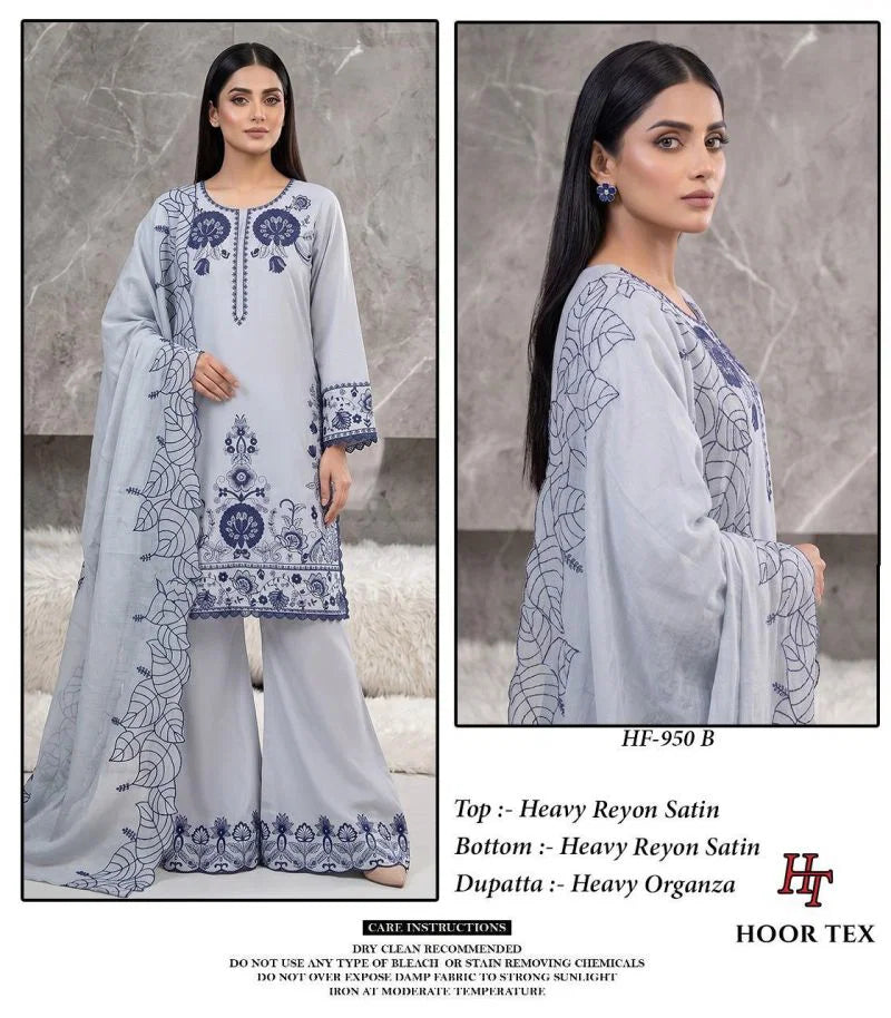 Hoor Tex 950 A To D Rayon Satin Embroidered Salwar Kameez Collection