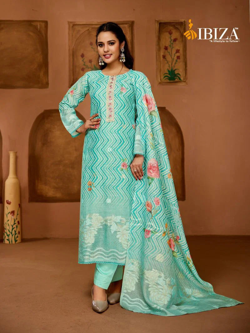 Ibiza Exclusive Linen Jacquard Digital Prints With Handworked Salwar Kameez