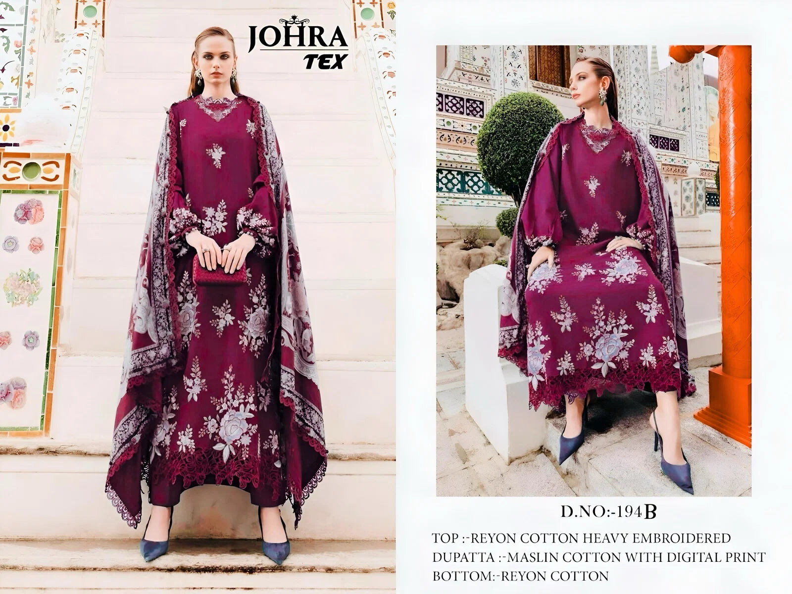 Johra Tex 194 B Rayon Cotton With Embroidered Pakistani Salwar Kameez Full Catalog available at wholesale rate.