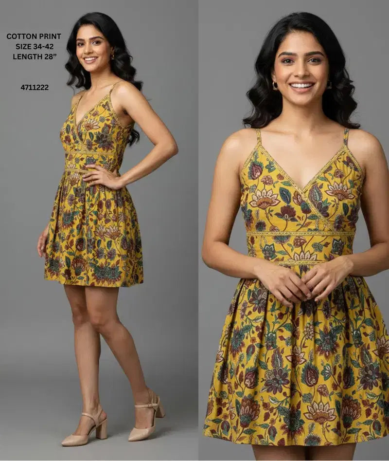 K 425 Yellow Floral Printed Cotton Styilsh Top Collection