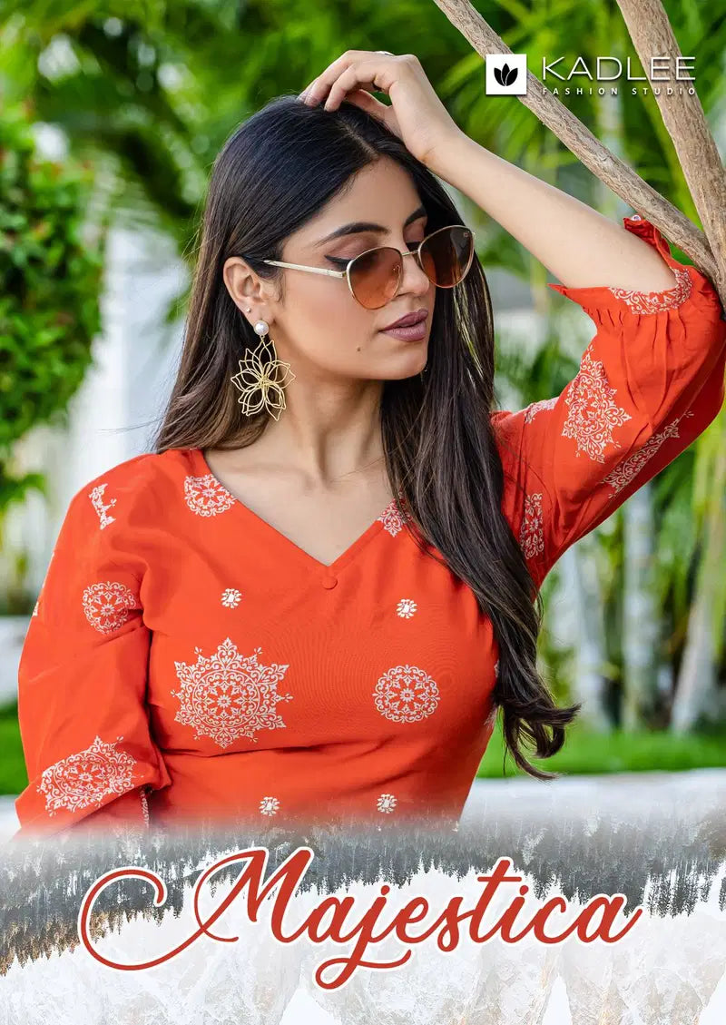 Kadlee Majestica Rayon Print Casual Wear Kurti And Pant Collection