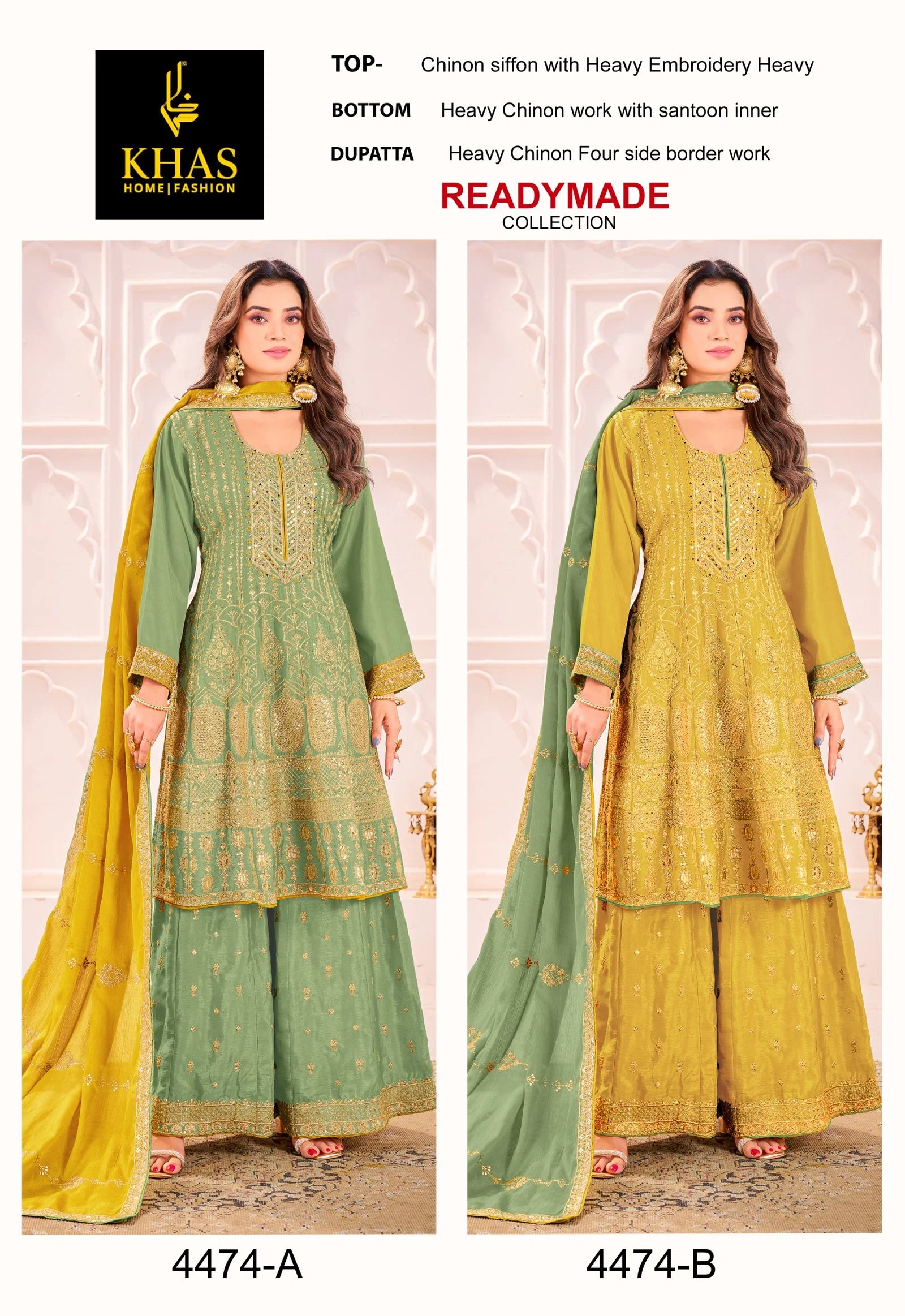 Khas 4474 A And B Chinon Chiffon Embroidery Pakistani Readymade Suits