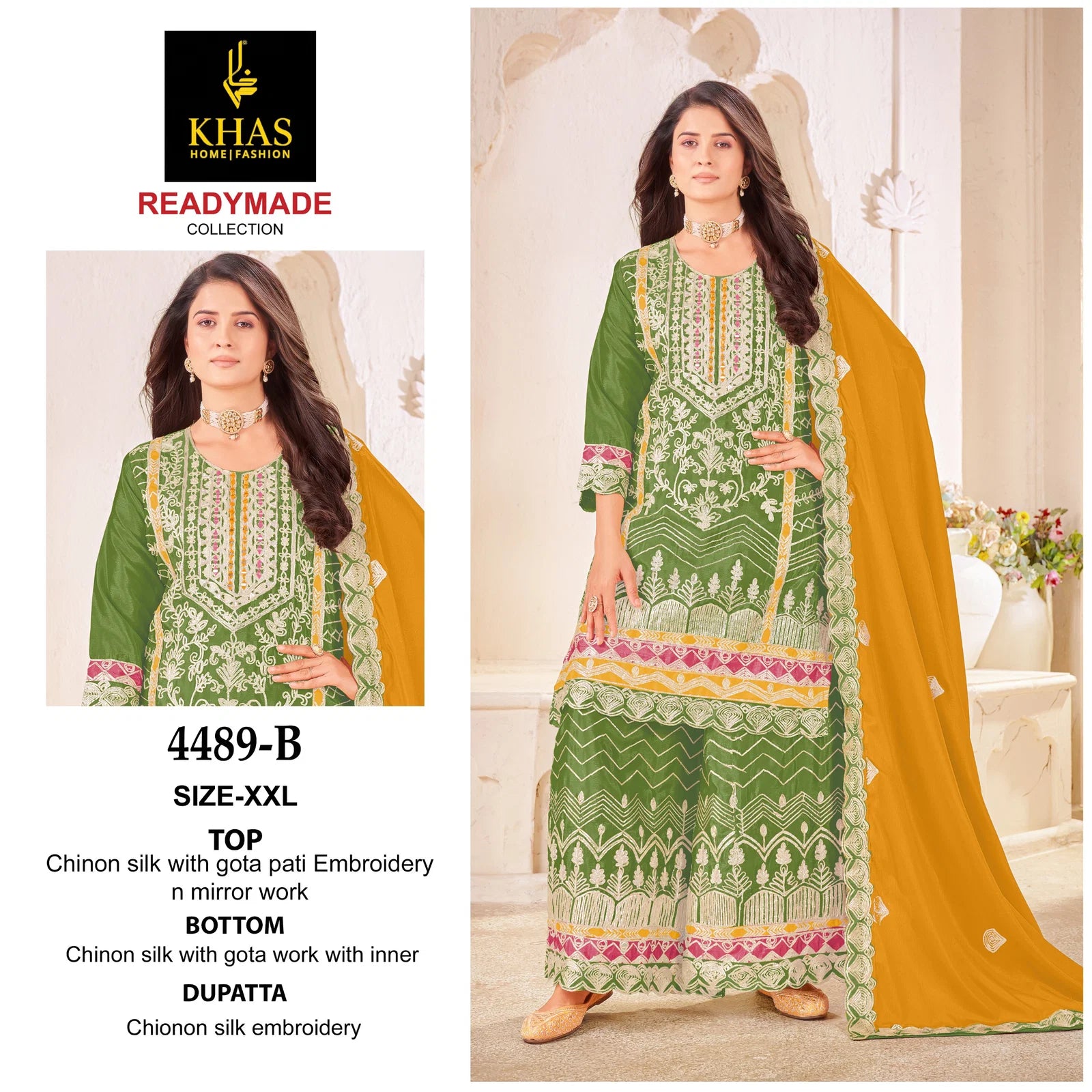 Khas 4489 A To C Chinon Silk Embroidery Work Pakistani Salwar Kameez