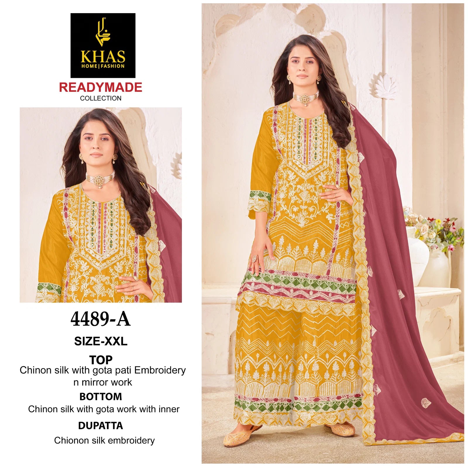 Khas 4489 A To C Chinon Silk Embroidery Work Pakistani Salwar Kameez