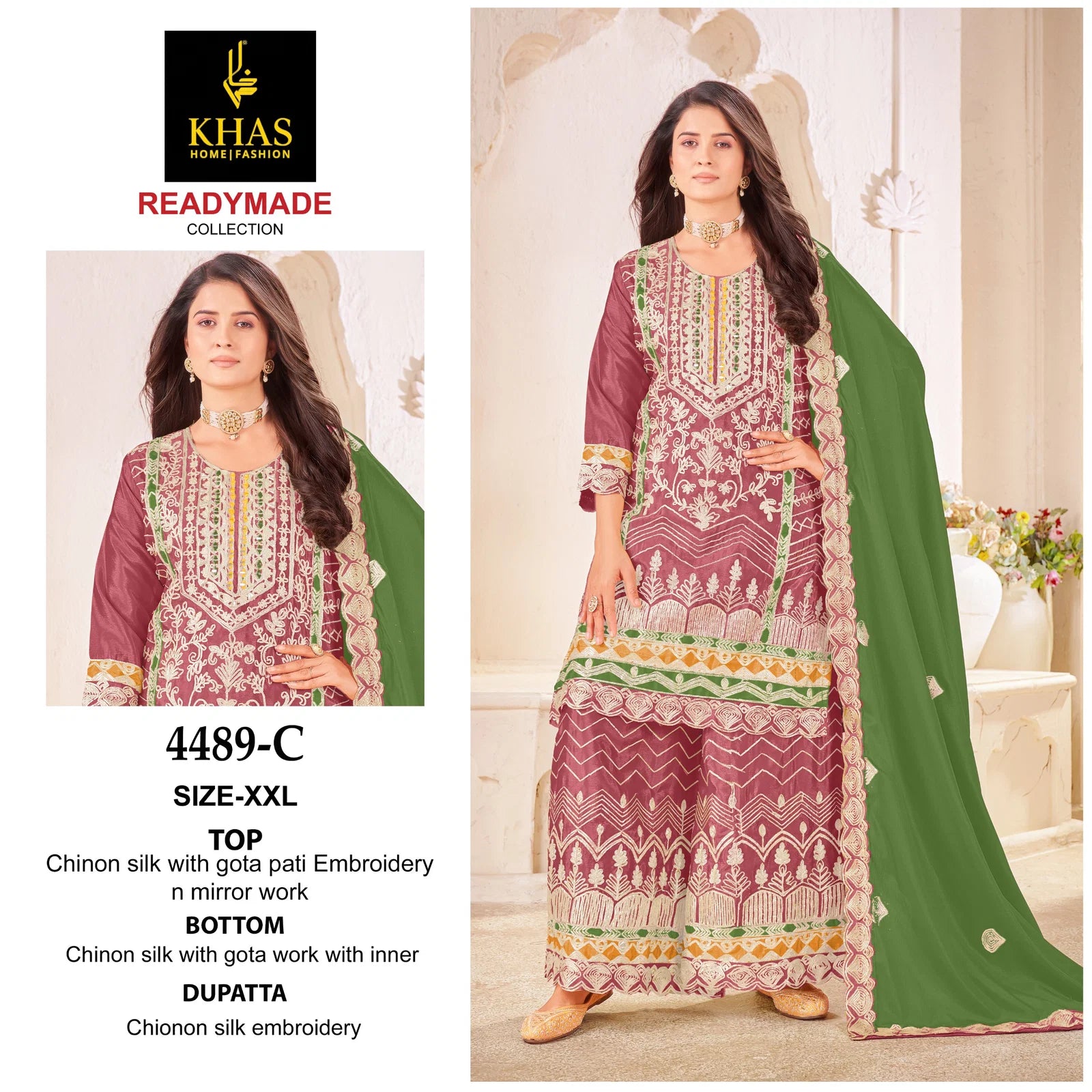 Khas 4489 A To C Chinon Silk Embroidery Work Pakistani Salwar Kameez