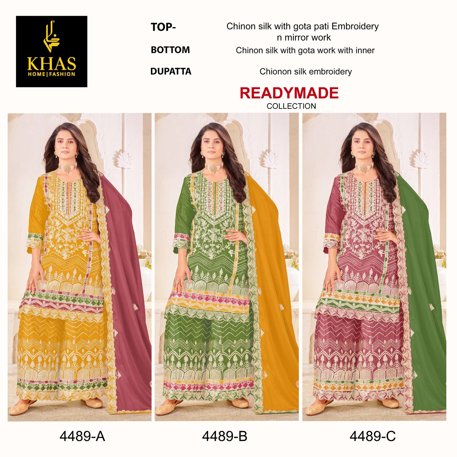 Khas 4489 A To C Chinon Silk Embroidery Work Pakistani Salwar Kameez