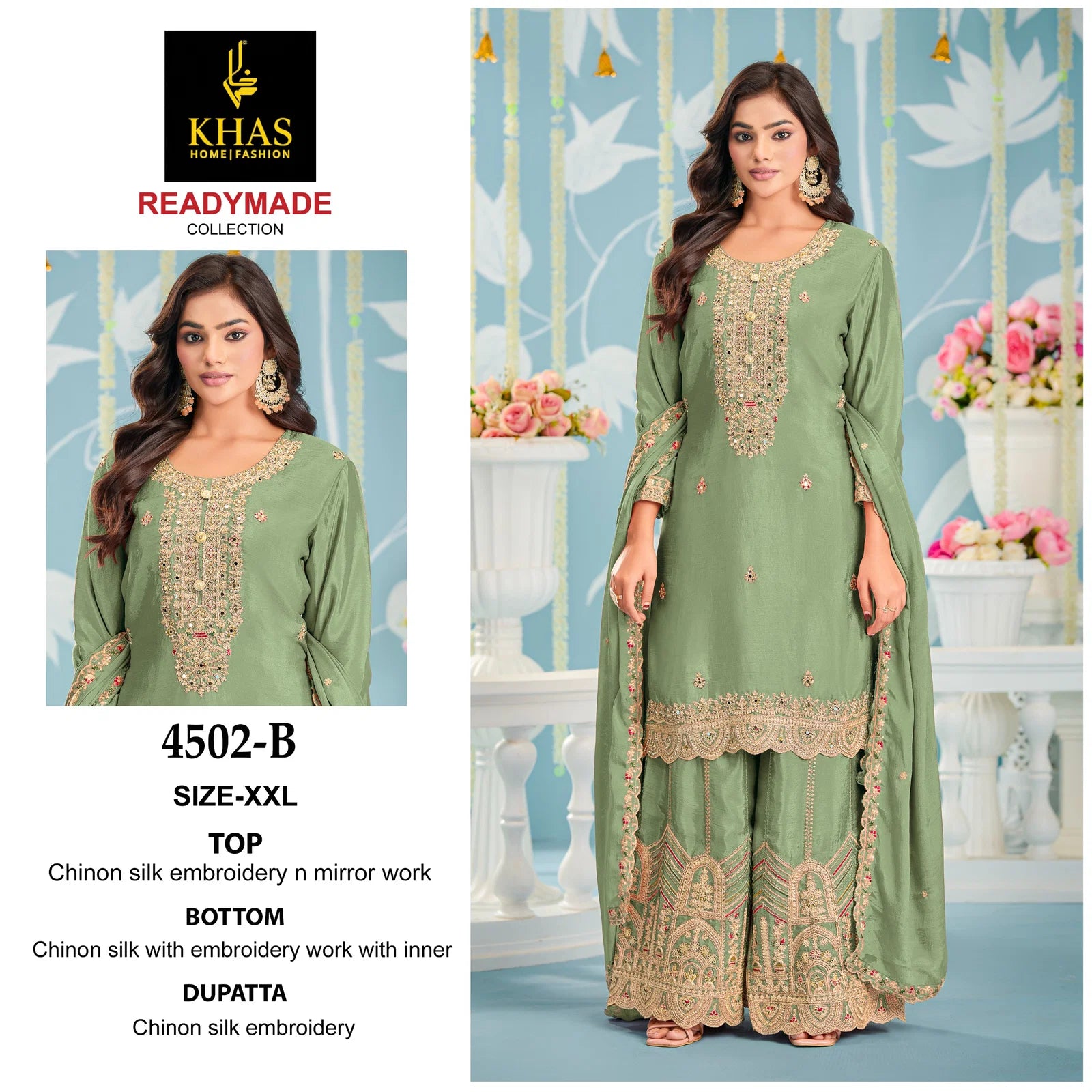 Khas 4502 A To C Chinon Silk Embroidery Work Pakistani Salwar Kameez