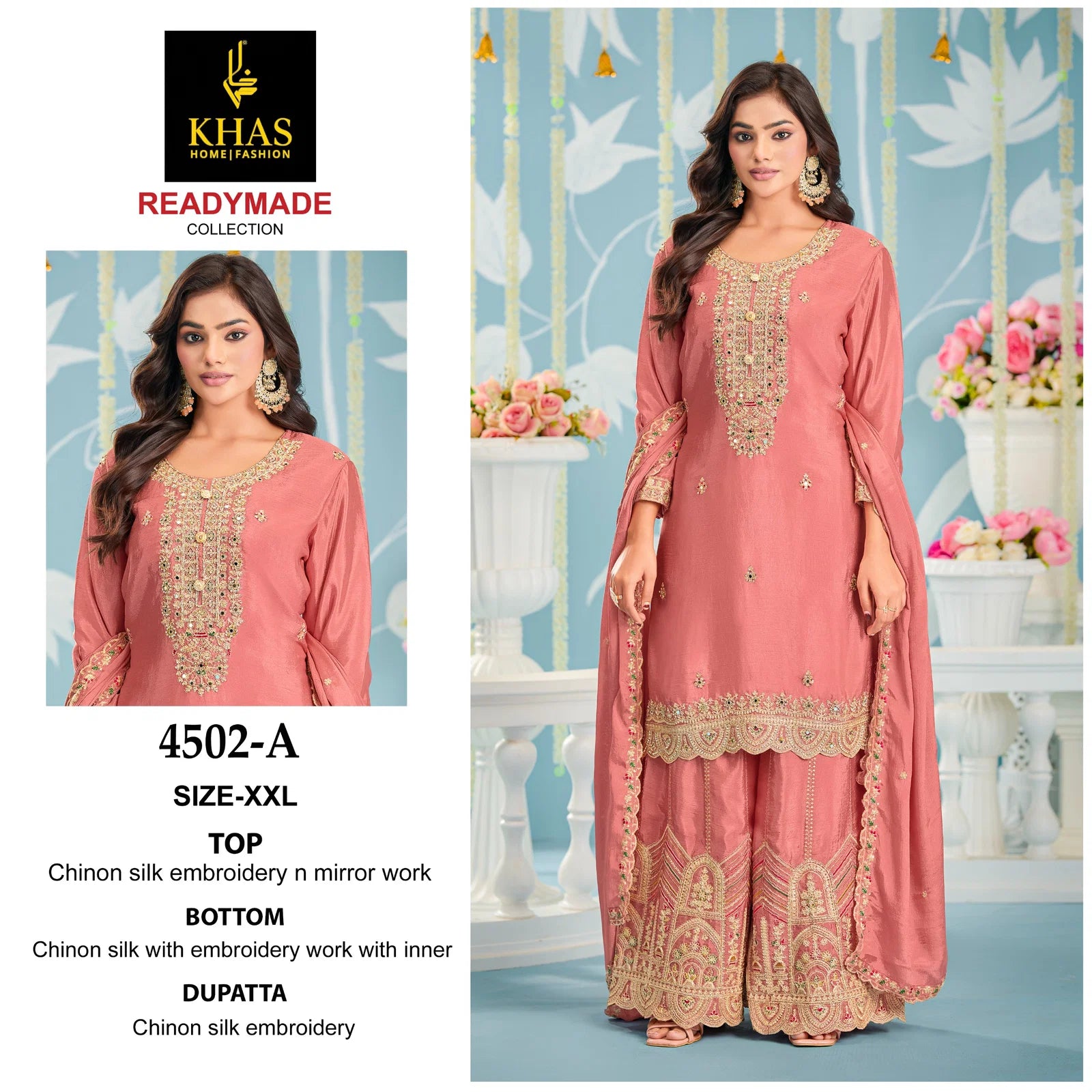 Khas 4502 A To C Chinon Silk Embroidery Work Pakistani Salwar Kameez
