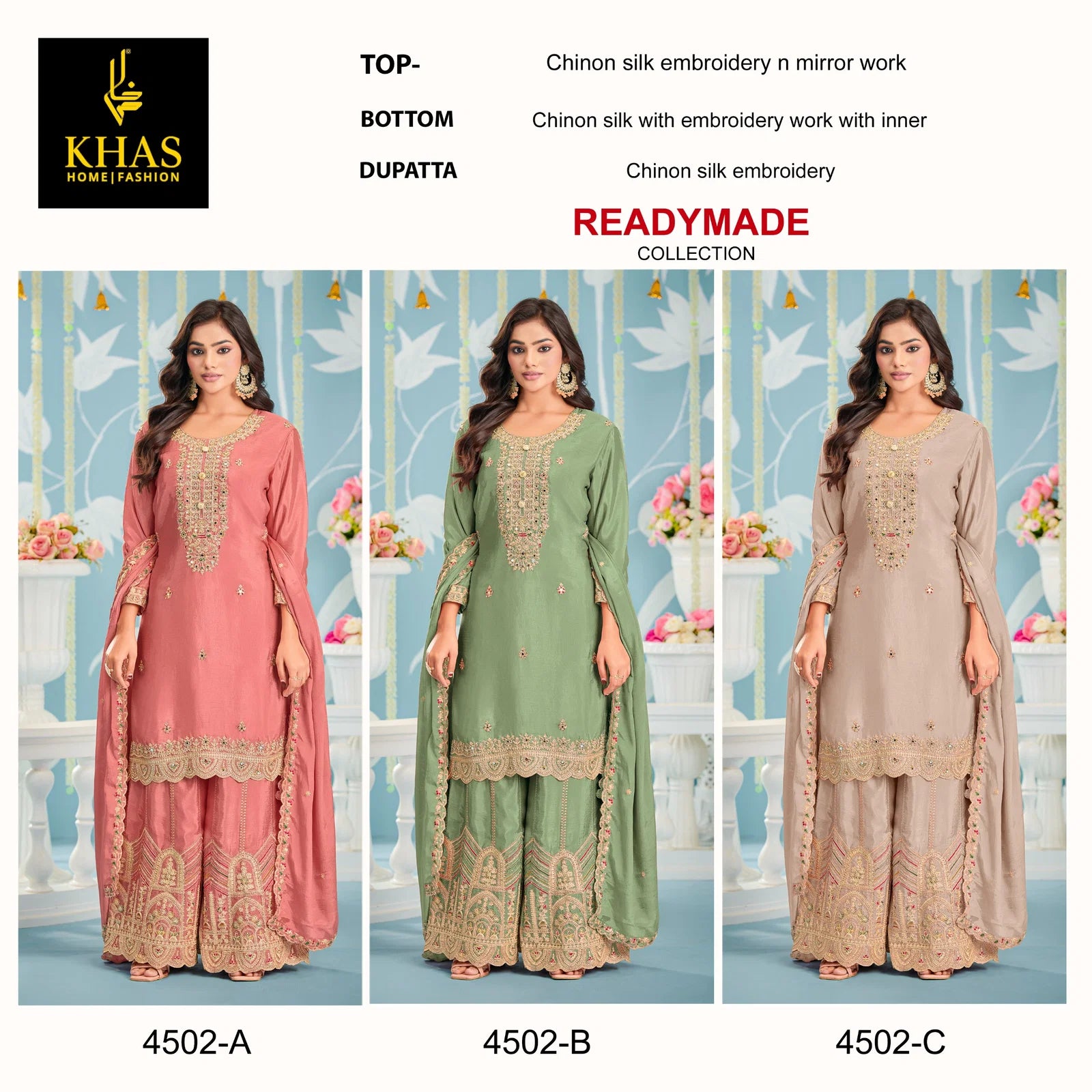 Khas 4502 A To C Chinon Silk Embroidery Work Pakistani Salwar Kameez
