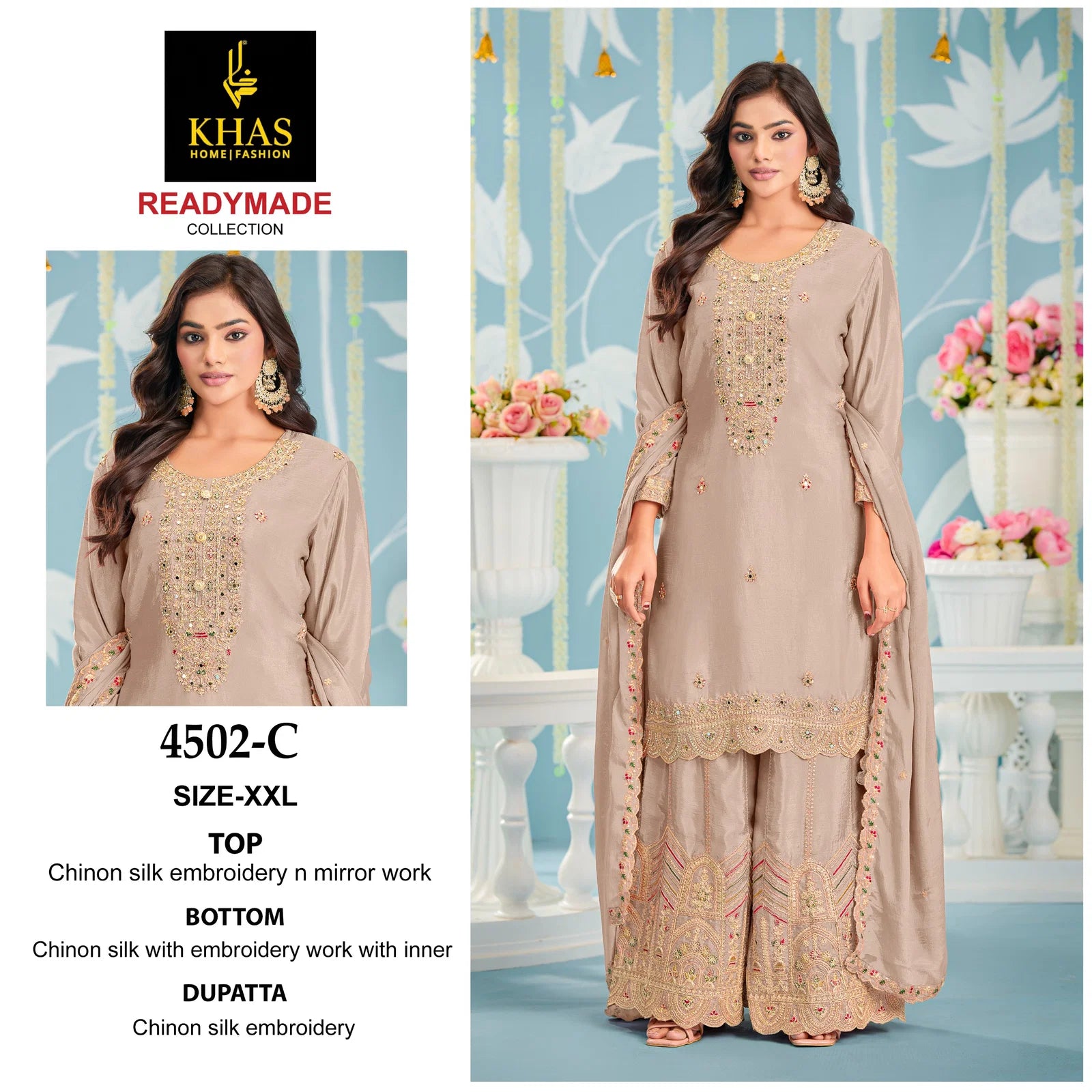 Khas 4502 A To C Chinon Silk Embroidery Work Pakistani Salwar Kameez