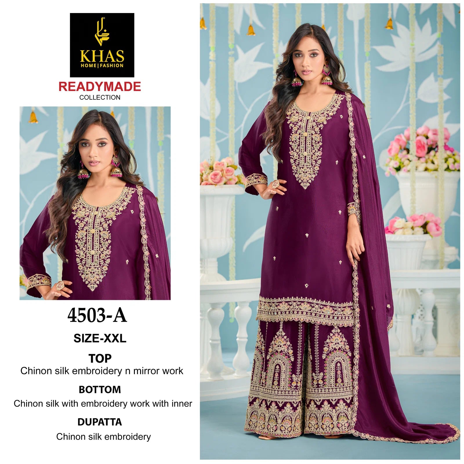 Khas 4503 A To C Chinon Silk With Embroidery Work Pakistani Salwar Kameez