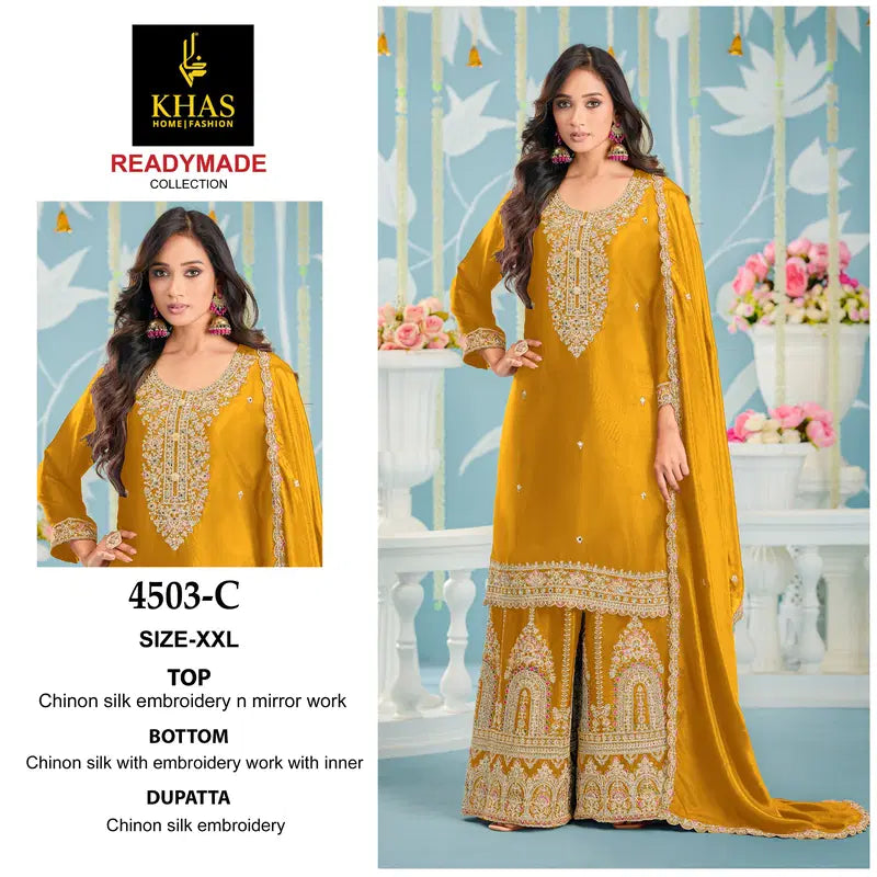 Khas 4503 A To C Chinon Silk With Embroidery Work Pakistani Salwar Kameez