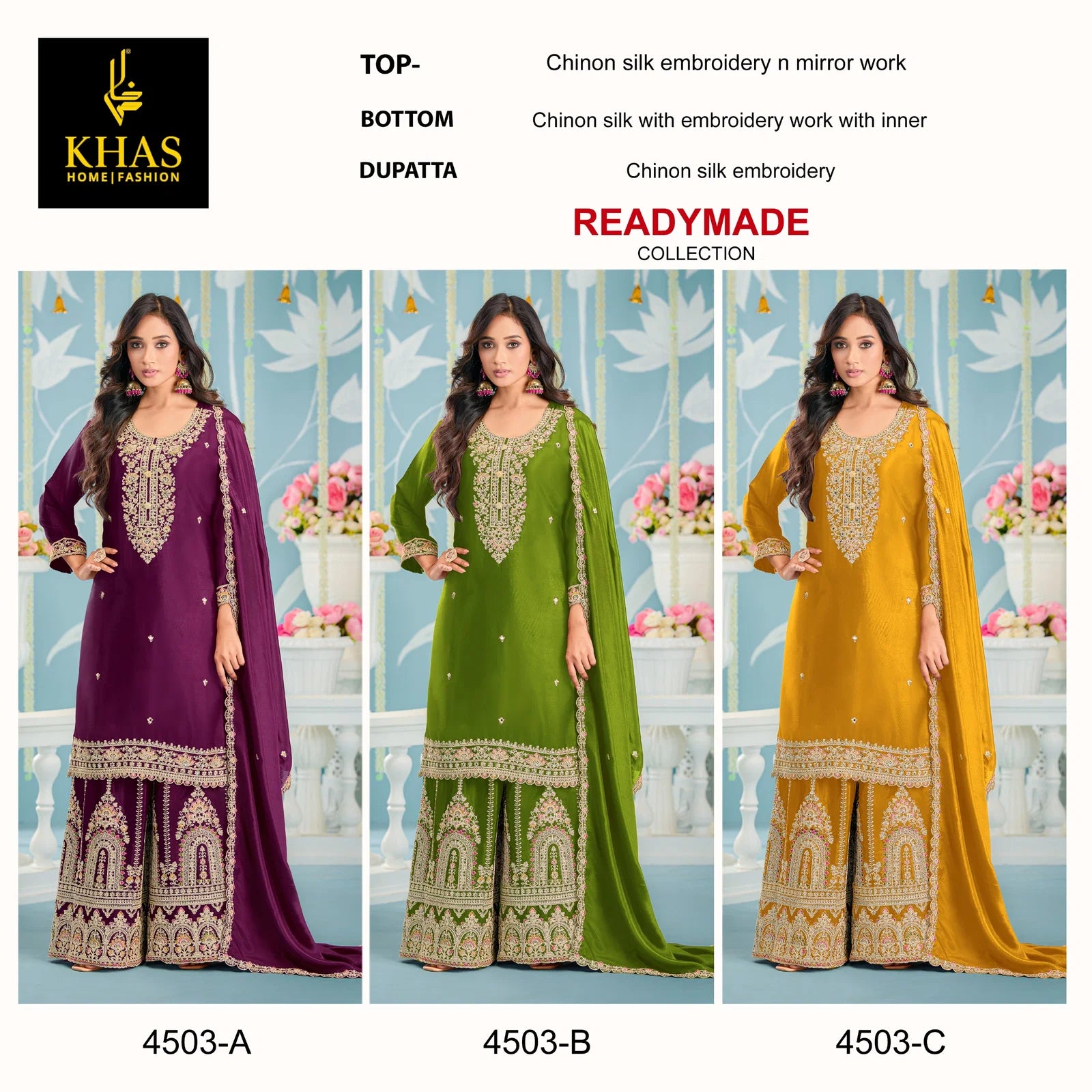 Khas 4503 A To C Chinon Silk With Embroidery Work Pakistani Salwar Kameez