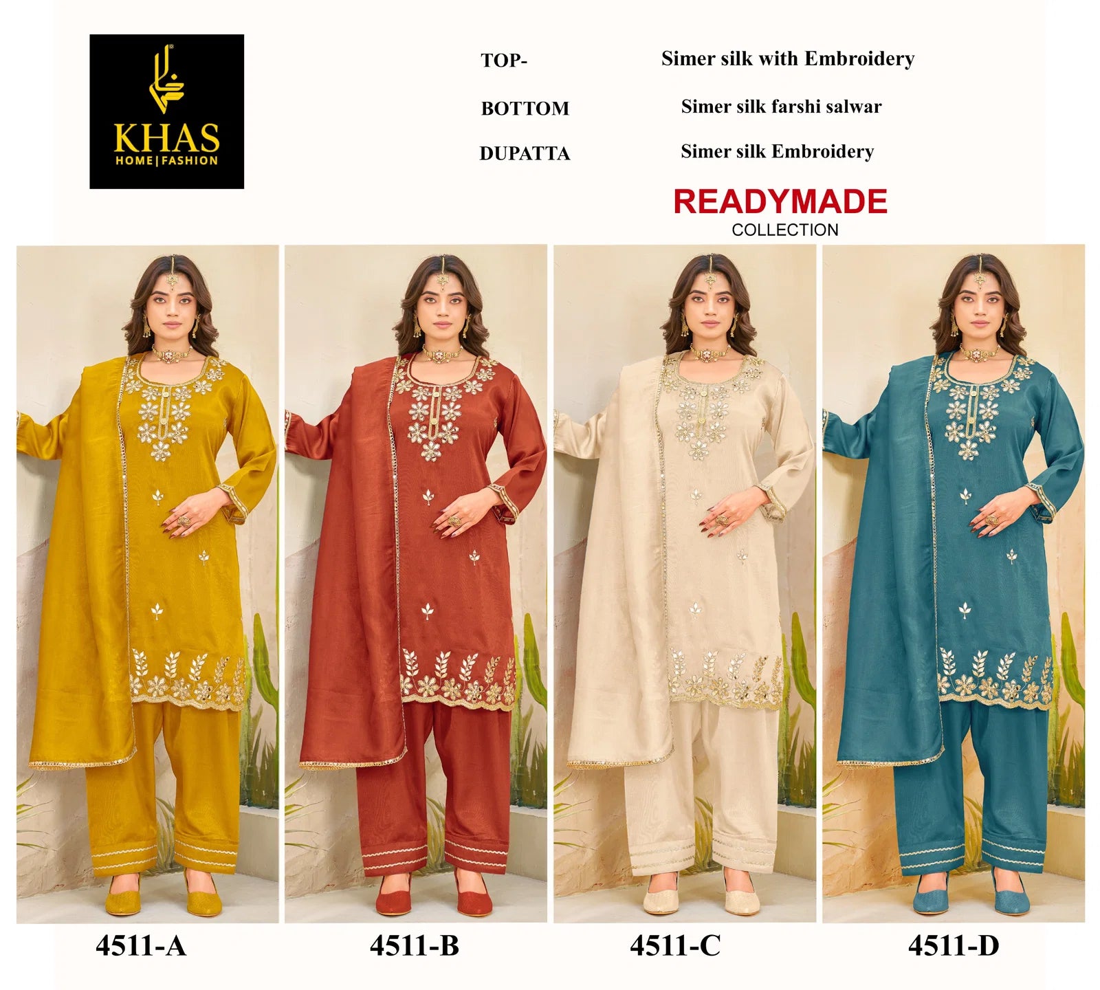 Khas 4511 A To D Simar Silk With Embroidery Work Pakistani Salwar Kameez