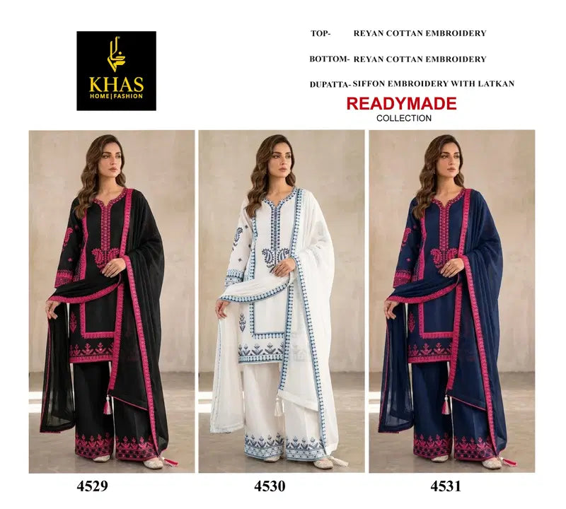 Khas 4529 TO 4531 Rayon Cotton Embroidered Salwar Kameez