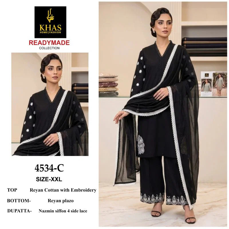 Khas 4534 A To C Rayon Cotton Embroidered Salwar Kameez