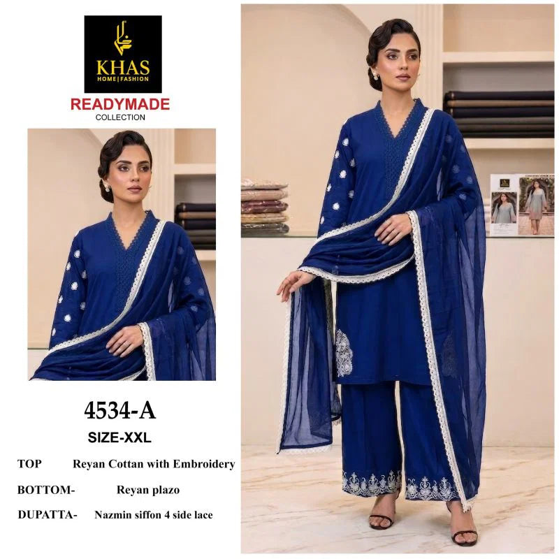 Khas 4534 A To C Rayon Cotton Embroidered Salwar Kameez