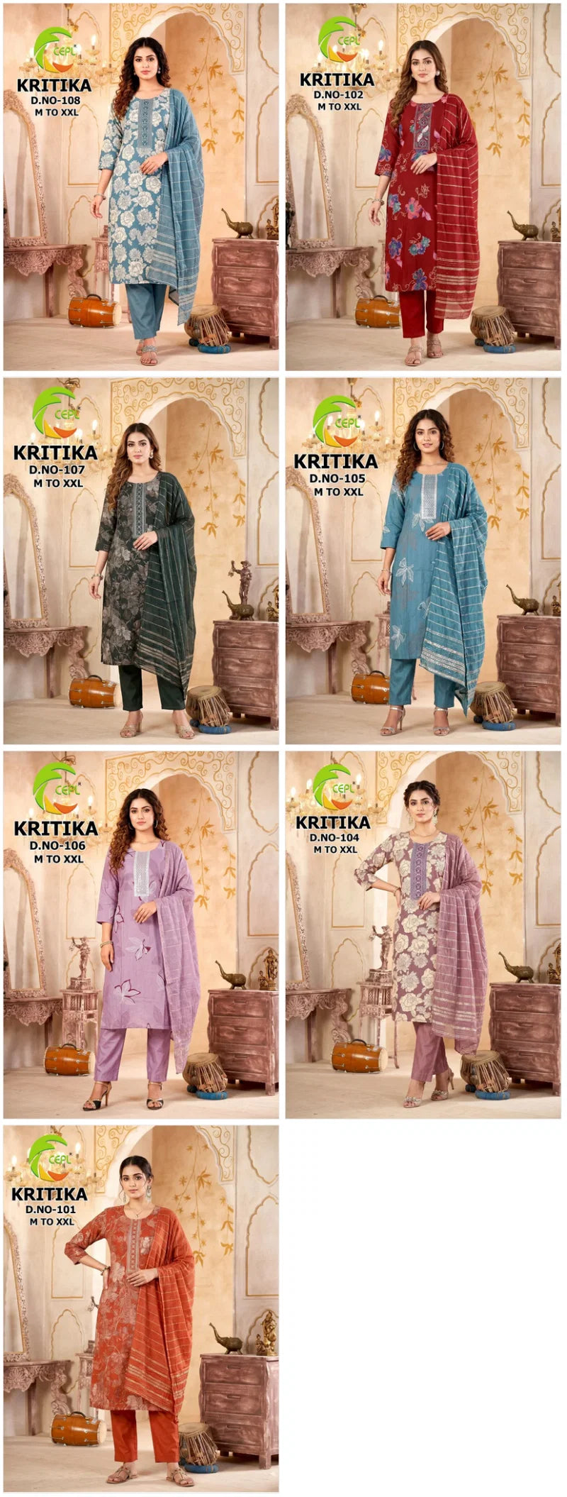 Kritika D No 101 To 08 Vertican Discharge Printed Kurti Pant With Dupatta