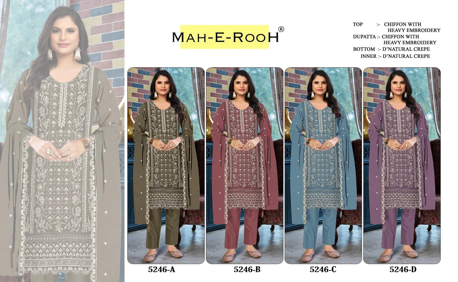 Mah E Rooh 5246 A To D Chiffon With Heavy Embroidered Salwar Kameez