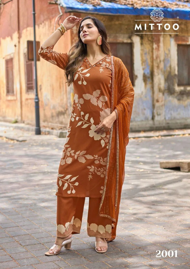 Mittoo Natasha Rayon Printed Kurti With Bottom Dupatta