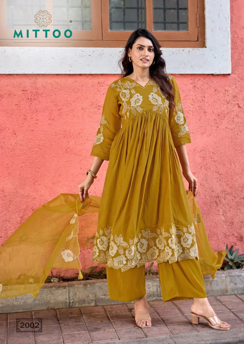 Mittoo Noorani Mul Chanderi Thread Work Kurti With Bottom Dupatta