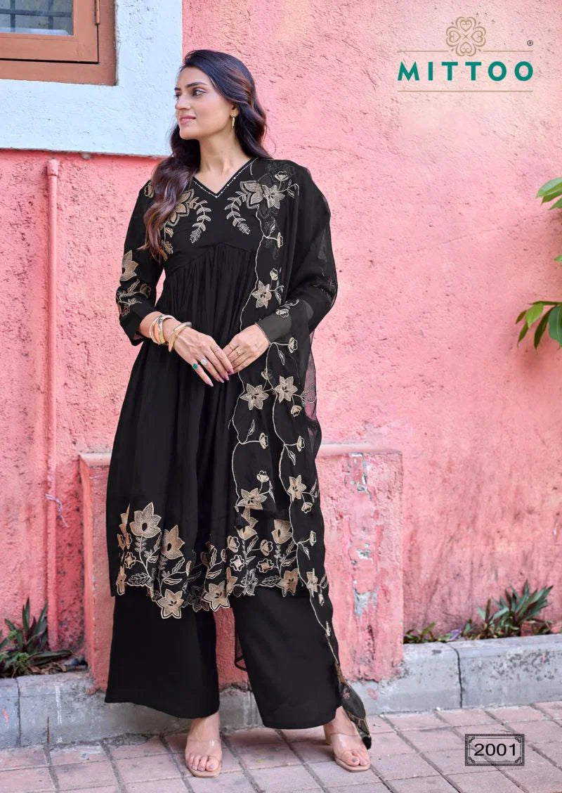 Mittoo Noorani Mul Chanderi Thread Work Kurti With Bottom Dupatta