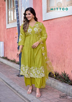 Mittoo Noorani Mul Chanderi Thread Work Kurti With Bottom Dupatta