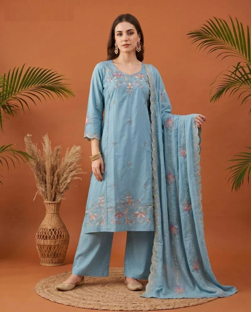 Naisha K 1079 Mul Cotton Handwork Kurti With Bottom Dupatta