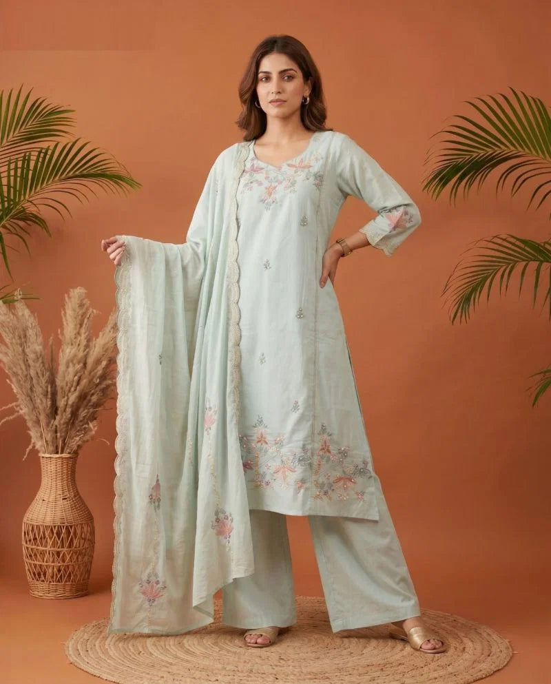 Naisha K 1079 Mul Cotton Handwork Kurti With Bottom Dupatta