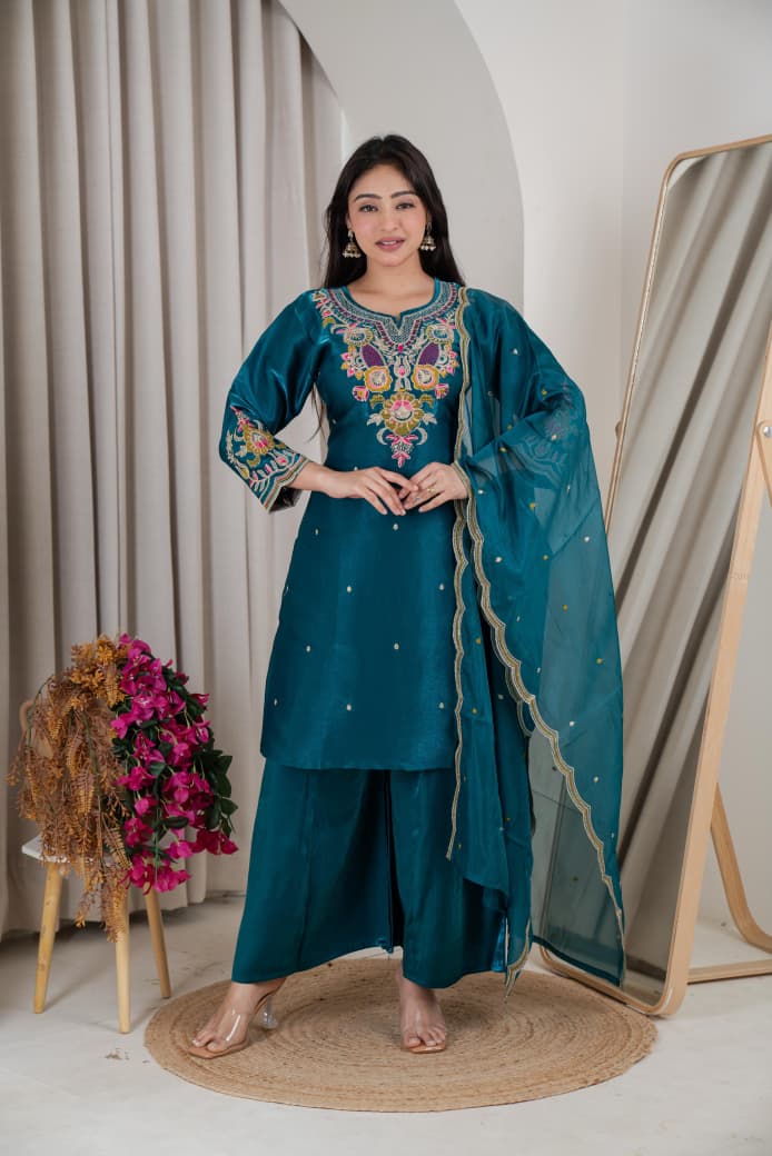 Naisha K 1105 Roman Glass Embroidered Kurti With Bottom Dupatta