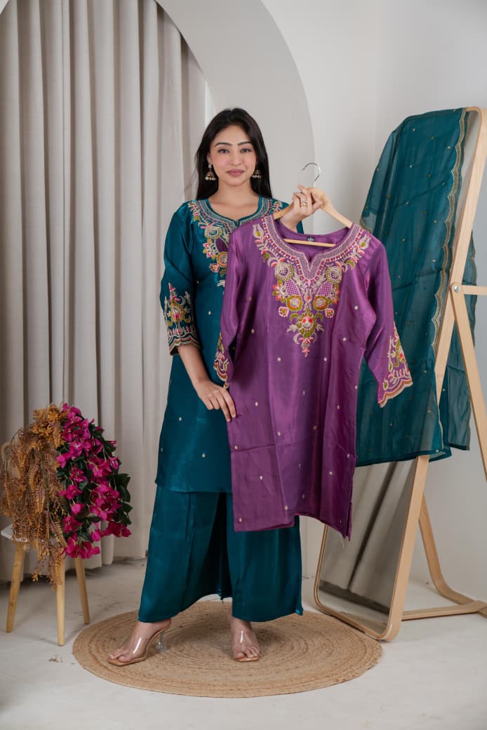 Naisha K 1105 Roman Glass Embroidered Kurti With Bottom Dupatta