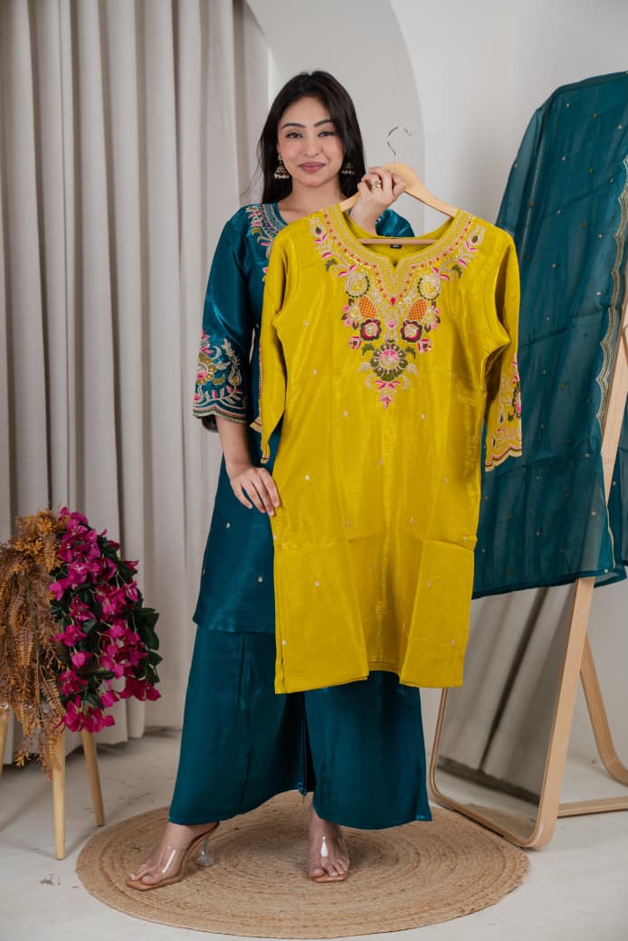 Naisha K 1105 Roman Glass Embroidered Kurti With Bottom Dupatta