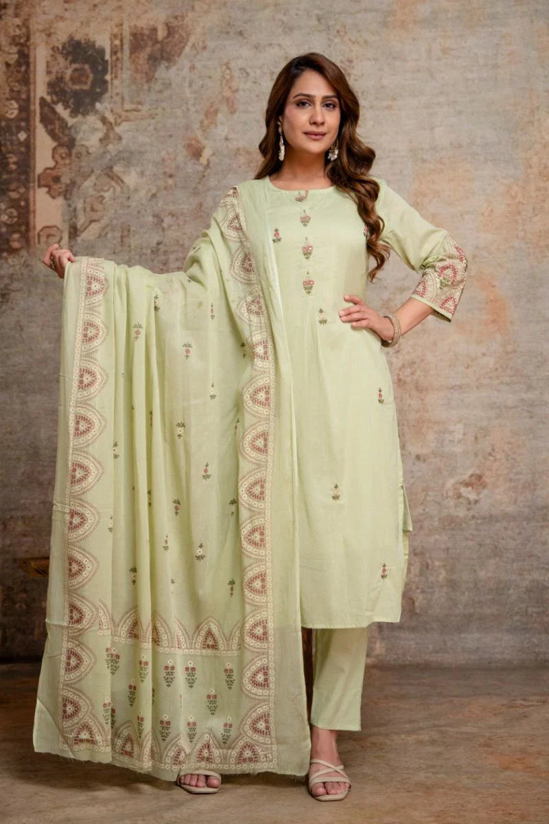 Naisha K 1136 Mul Cotton Embroidered Kurti With Bottom Dupatta