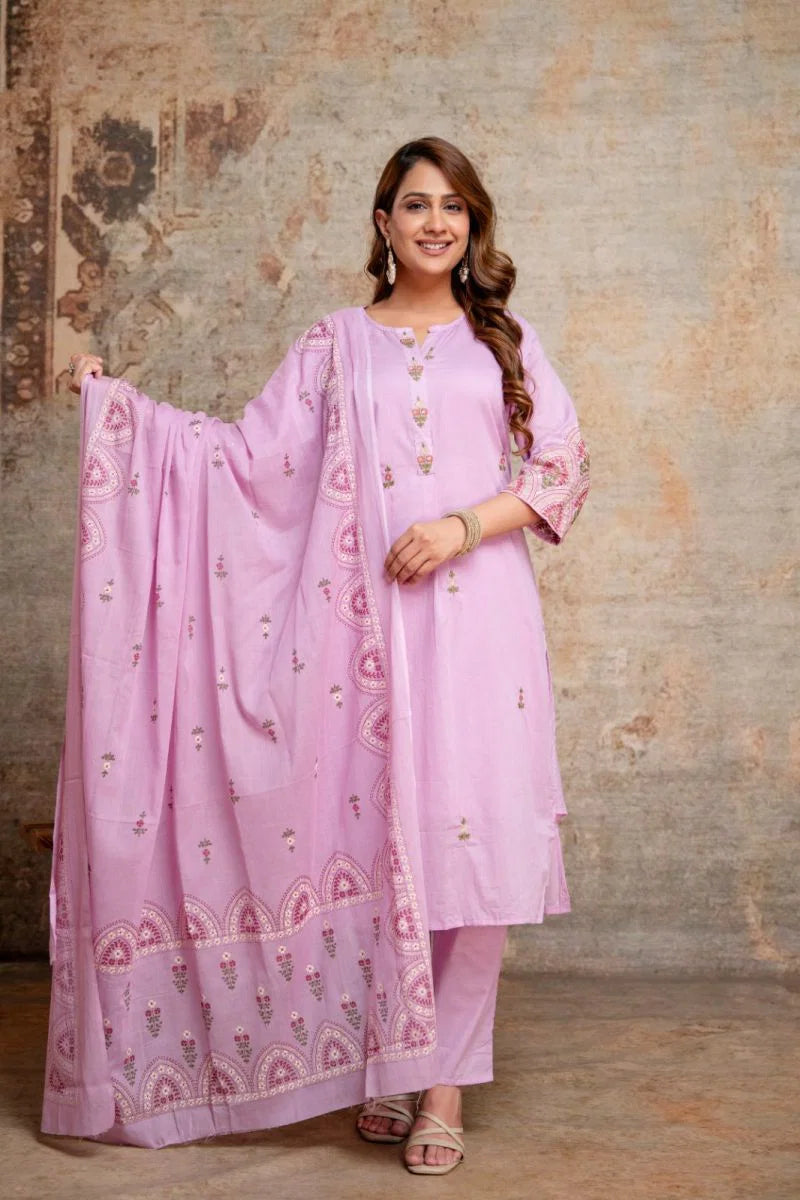 Naisha K 1136 Mul Cotton Embroidered Kurti With Bottom Dupatta