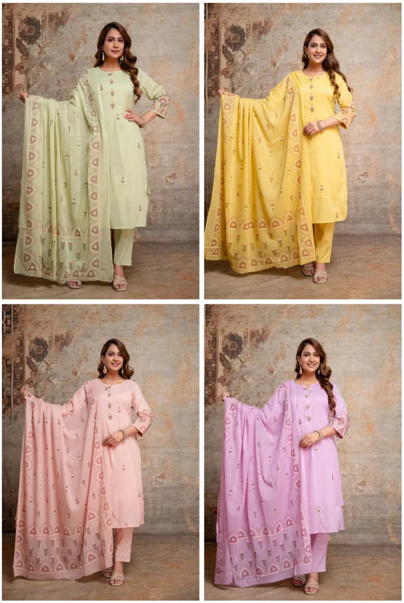 Naisha K 1136 Mul Cotton Embroidered Kurti With Bottom Dupatta