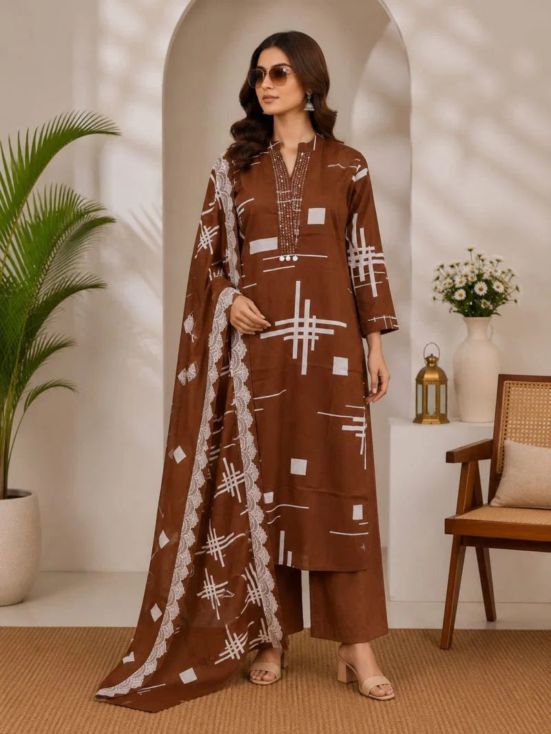 Naisha K 1139 Cotton Printed Hand Work Kurti With Bottom Dupatta