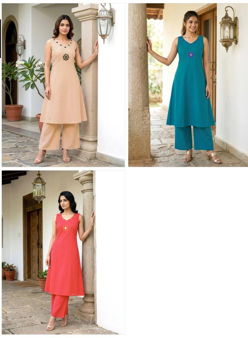 Naisha K 828 Handloom Cotton Embroidered Sleeveless Kurti With Bottom