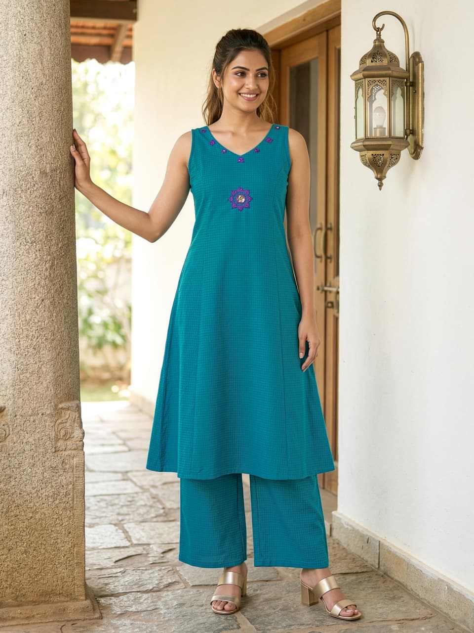Naisha K 828 Handloom Cotton Embroidered Sleeveless Kurti With Bottom